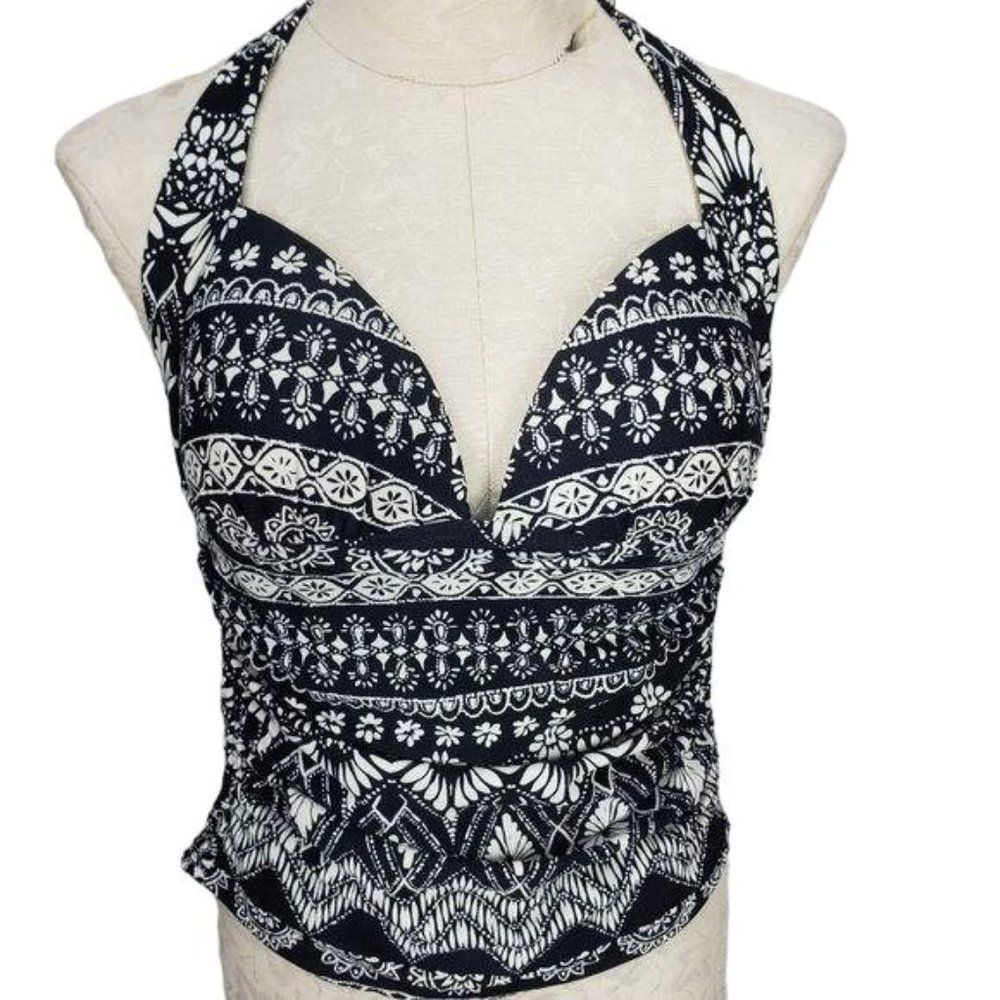 St John's Bay Black Printed Halter‎ Style Tankini Swim Suit Top